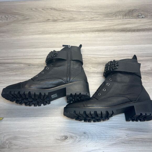 DESIGNER RUNWAY KARL LAGERFELD PARIS BLACK CRYSTAL PIPPA LEATHER COMBAT BOOT 11 - Picture 3 of 12